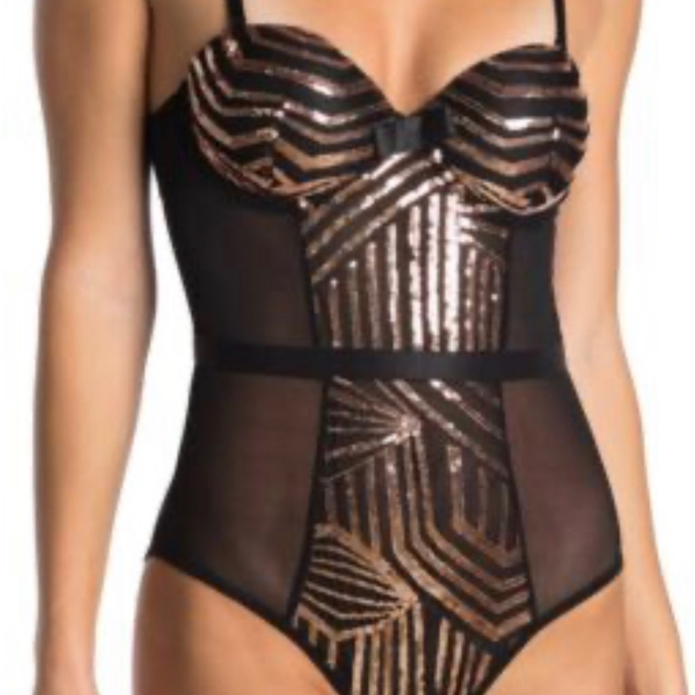 Secret Lace Black Panel Bodysuit S NWOT